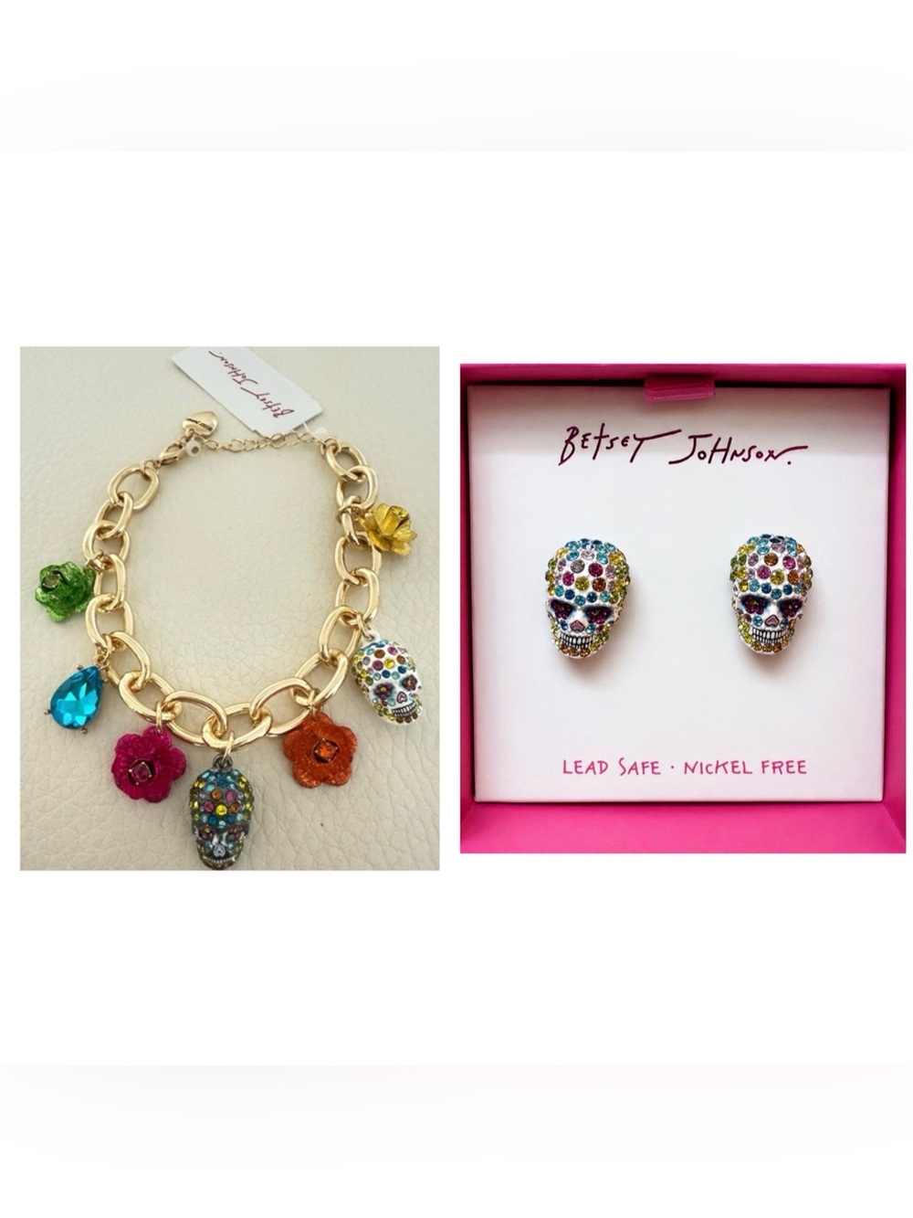 BETSEY JOHNSON SET Halloween Mexican Day of Dead Charm Bracelet & Earrings NWT